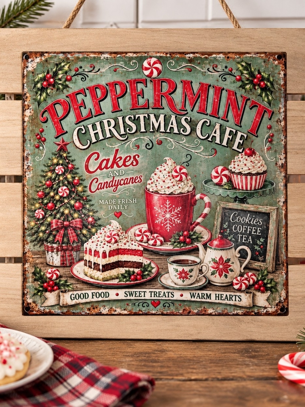 Hand Crafted Peppermint Christmas Cafe Sign - Red & Green Holiday Wall Art